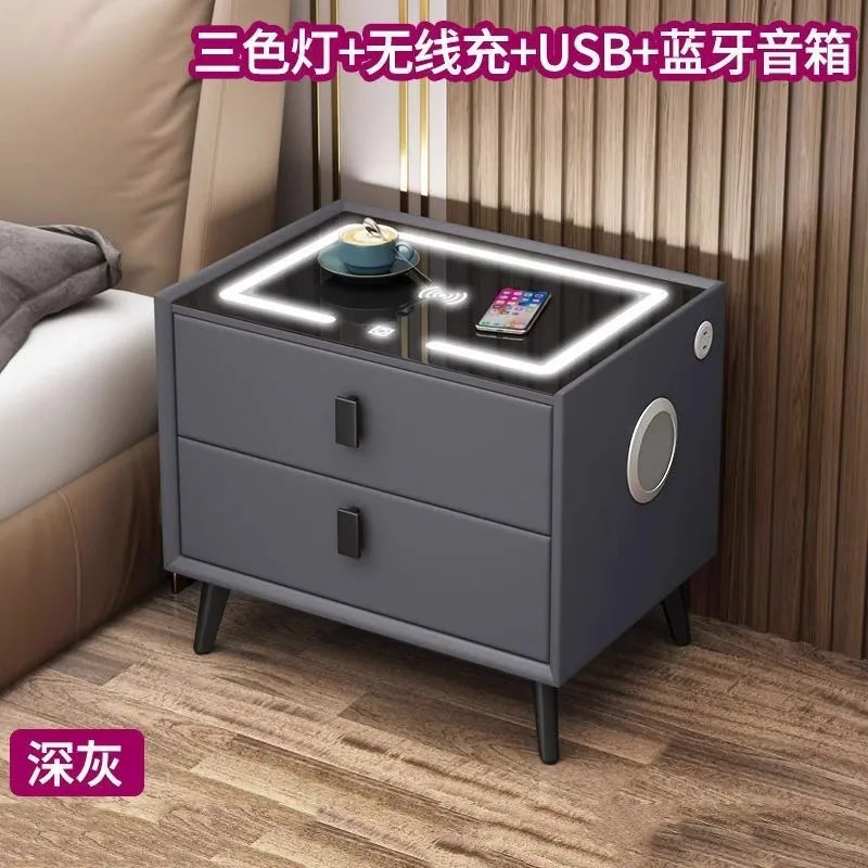Multifunctional smart bedside table, modern minimalist home bedroom wireless charging solid wood bedside table