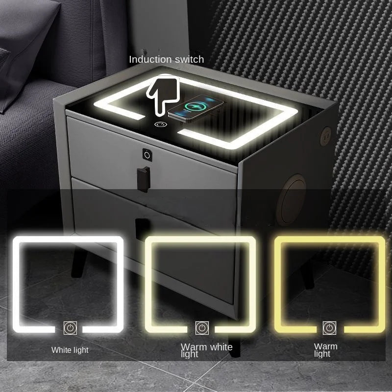 Multifunctional smart bedside table, modern minimalist home bedroom wireless charging solid wood bedside table