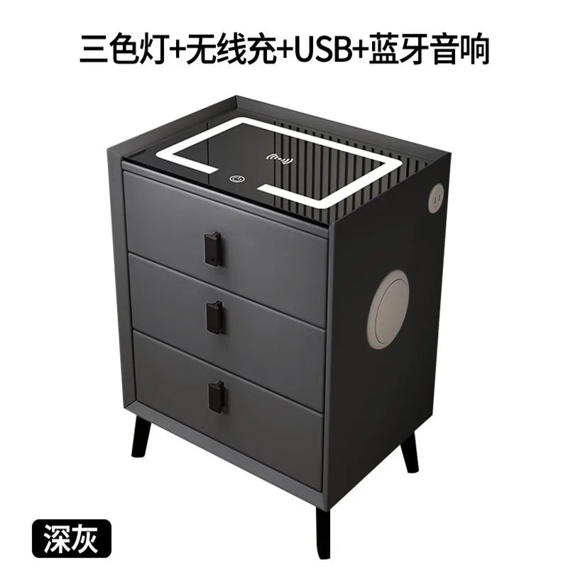 Multifunctional smart bedside table, modern minimalist home bedroom wireless charging solid wood bedside table