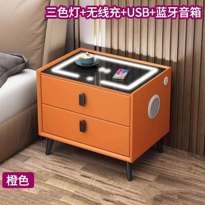 Multifunctional smart bedside table, modern minimalist home bedroom wireless charging solid wood bedside table