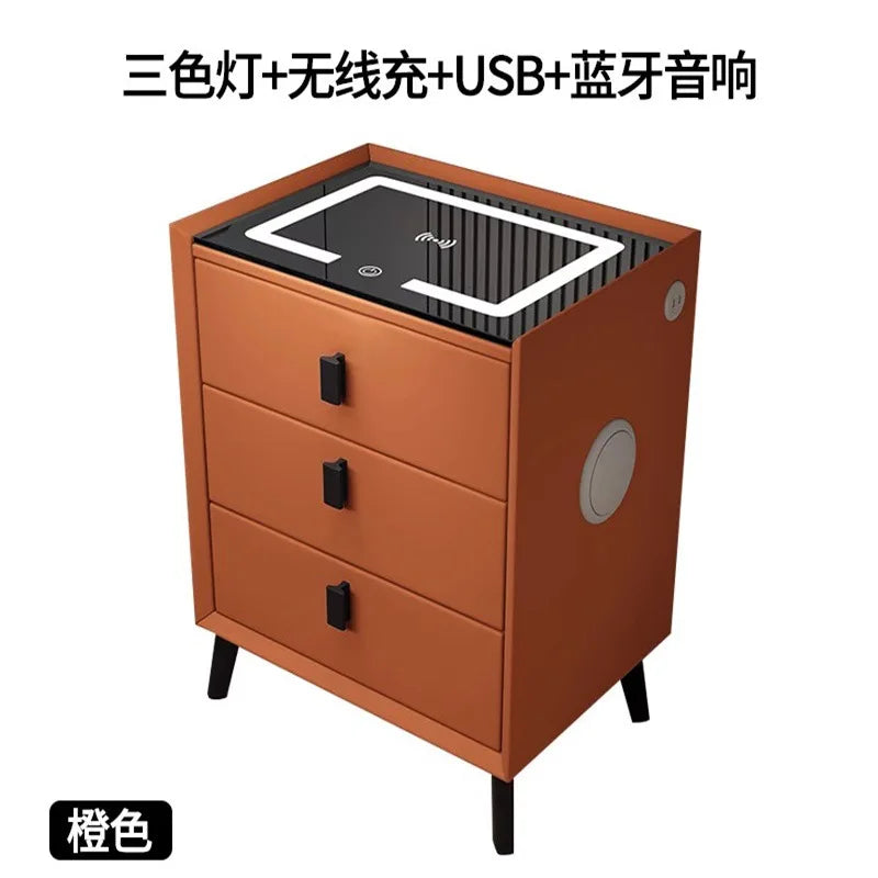 Multifunctional smart bedside table, modern minimalist home bedroom wireless charging solid wood bedside table
