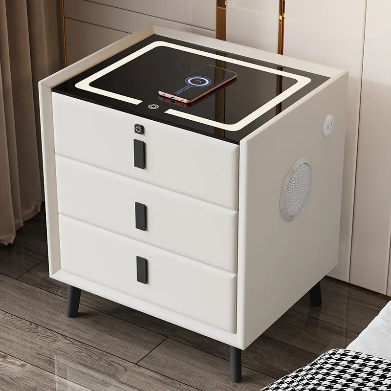 Multifunctional smart bedside table, modern minimalist home bedroom wireless charging solid wood bedside table