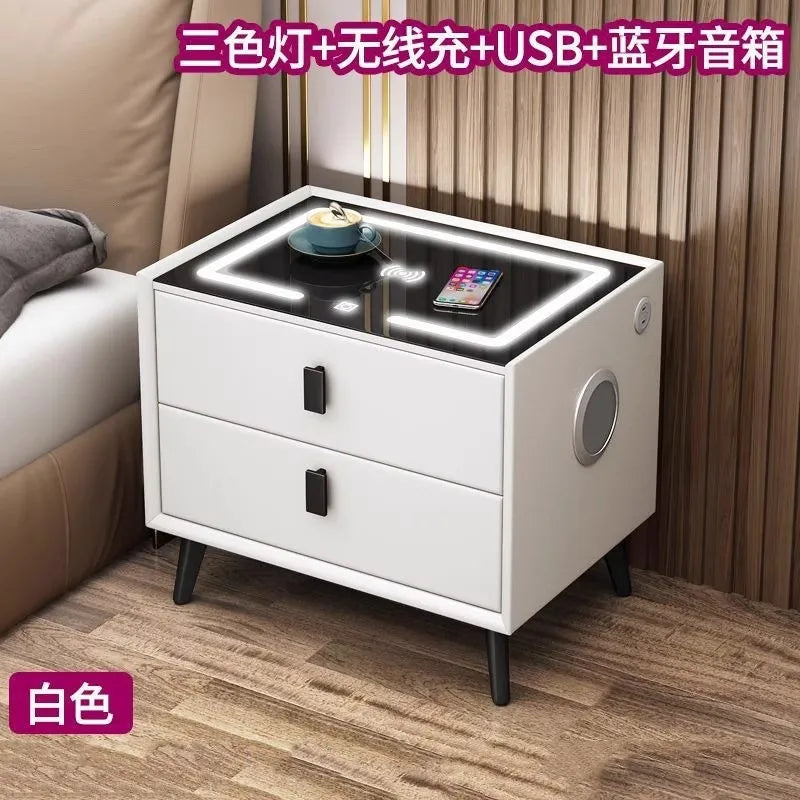 Multifunctional smart bedside table, modern minimalist home bedroom wireless charging solid wood bedside table