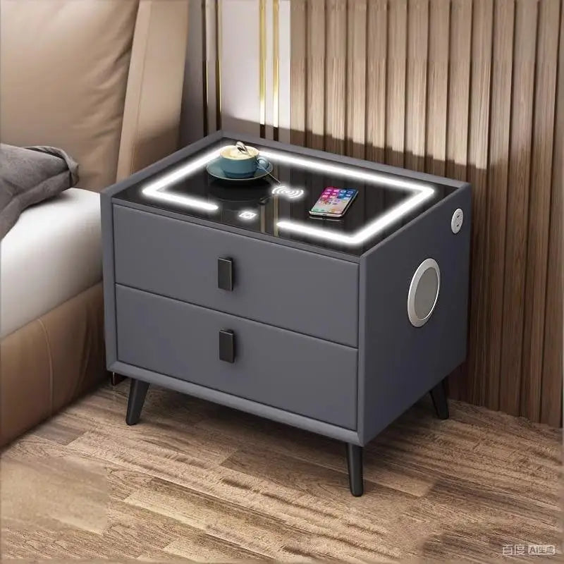 Multifunctional smart bedside table, modern minimalist home bedroom wireless charging solid wood bedside table