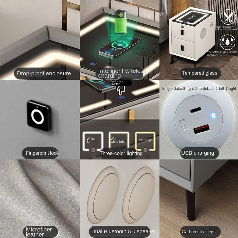 Multifunctional smart bedside table, modern minimalist home bedroom wireless charging solid wood bedside table