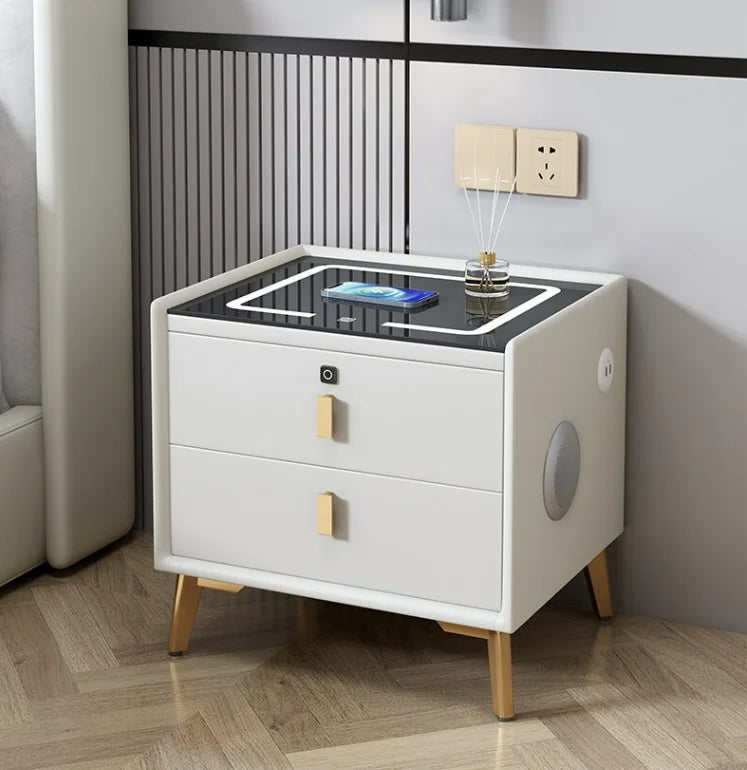 Nightstand Smart Bedside Table Modern Multi-function Storage Cabinet with LED Wireless Charging Color Lamp Fingerprint Lock USB