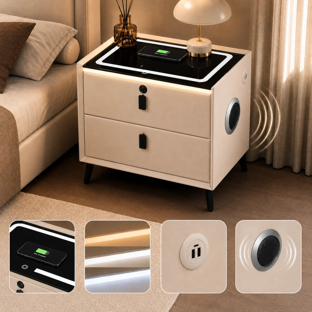 Smart Nightstand with Wireless Charging Bluetooth Speaker LED Light USB Modern Bedroom Furniture
