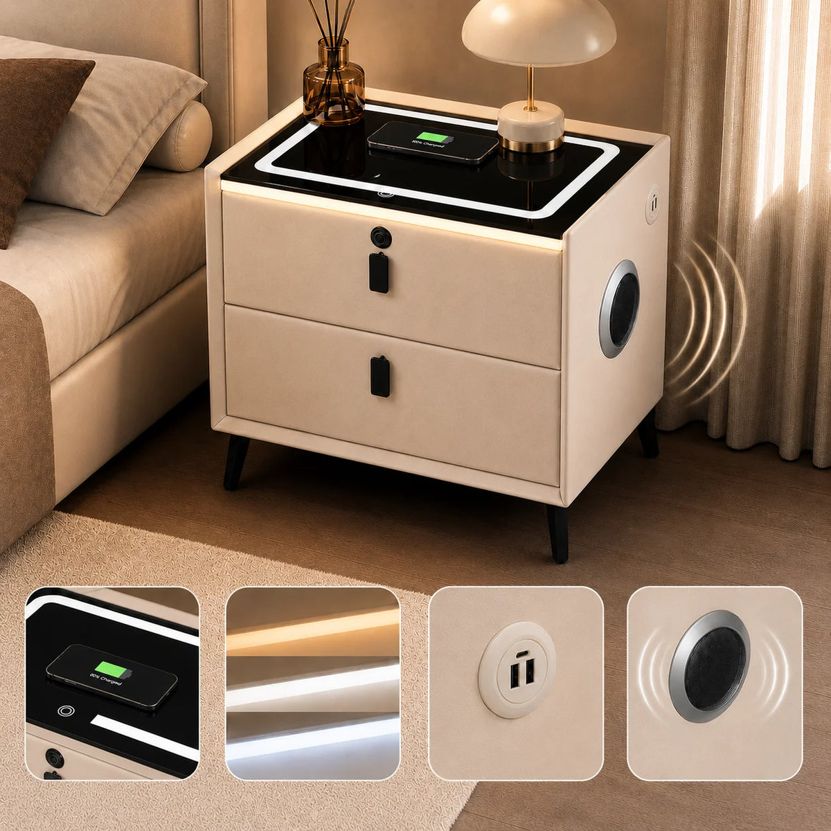 Smart Nightstand with Wireless Charging Bluetooth Speaker LED Light USB Modern Bedroom Furniture