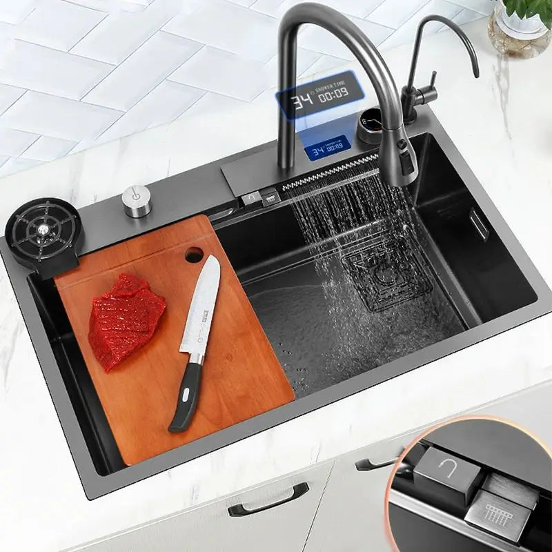 Deao Top1 Waterfall Sink Kitchen Sink Stainless Steel Dishwashing Basin Multi-Function Large Single Tank Kitchen Faucet