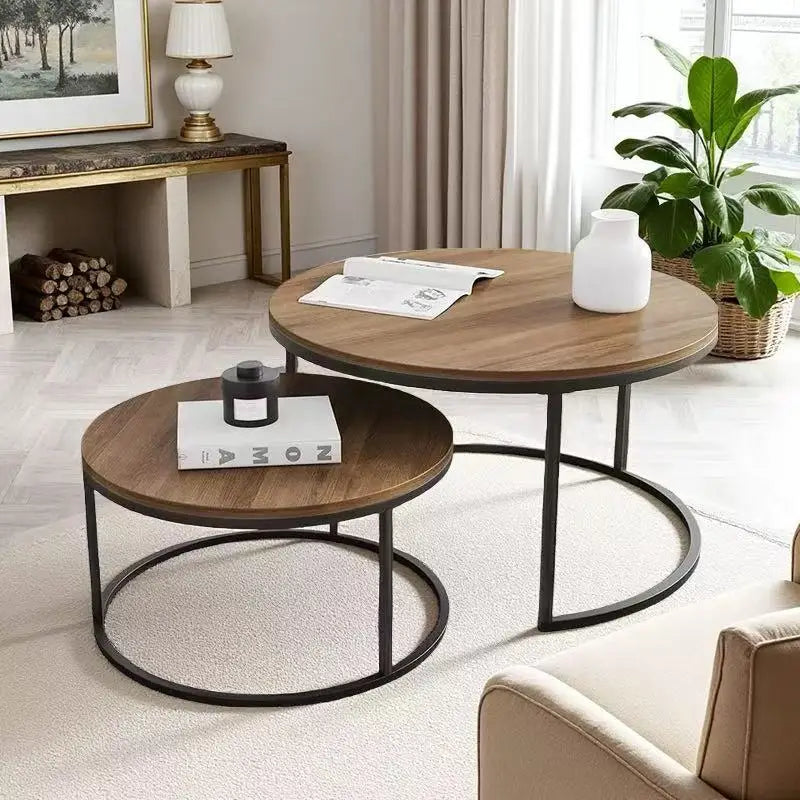Modern Embedded Round Steel Frame Wood Top Coffee Table for Living Room Home Decoration