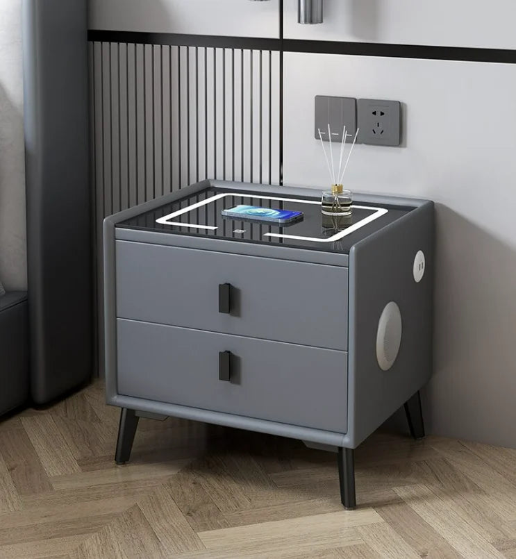 Nightstand Smart Bedside Table Modern Multi-function Storage Cabinet with LED Wireless Charging Color Lamp Fingerprint Lock USB