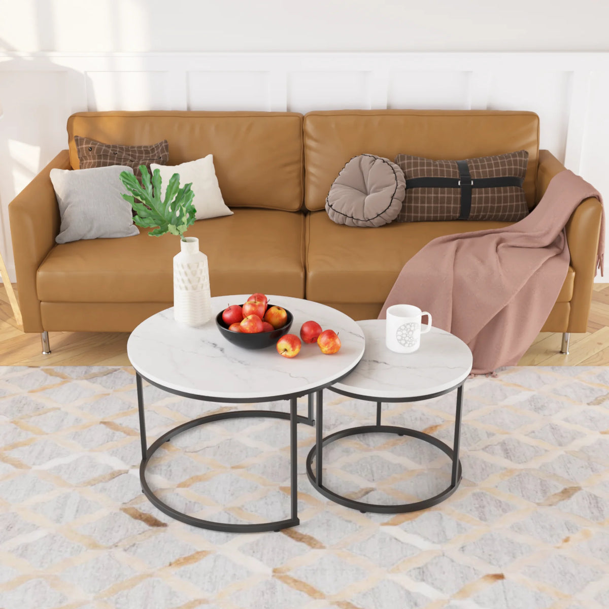 Nesting Coffee Table Set of 2, Round Coffee Table with Sturdy Metal Frame, Coffee Tables for Living Room Bedroom