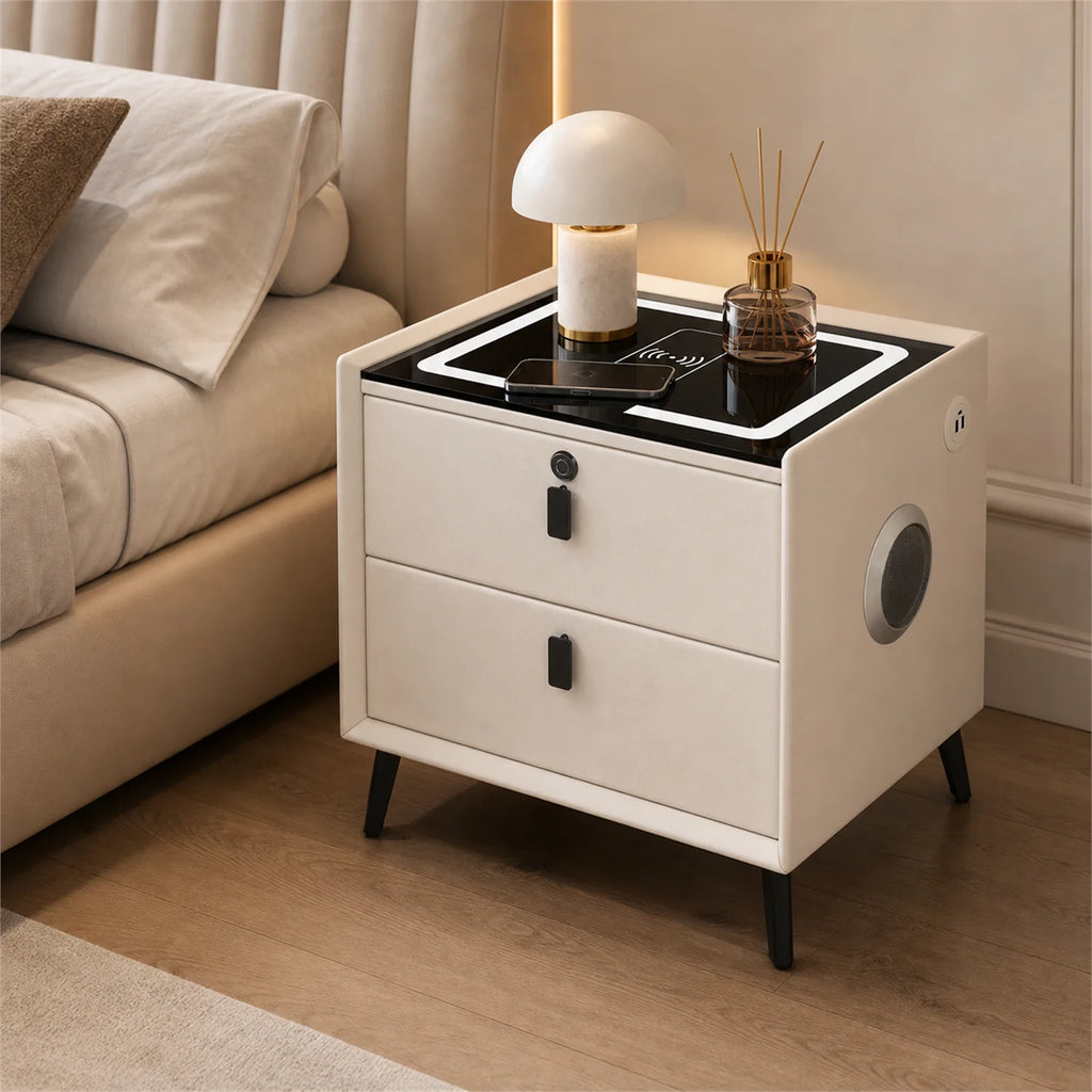 Smart Nightstand with Wireless Charging Bluetooth Speaker LED Light USB Modern Bedroom Furniture