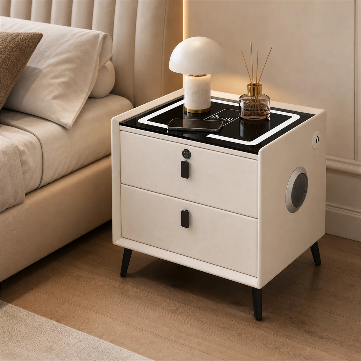 Smart Nightstand with Wireless Charging Bluetooth Speaker LED Light USB Modern Bedroom Furniture