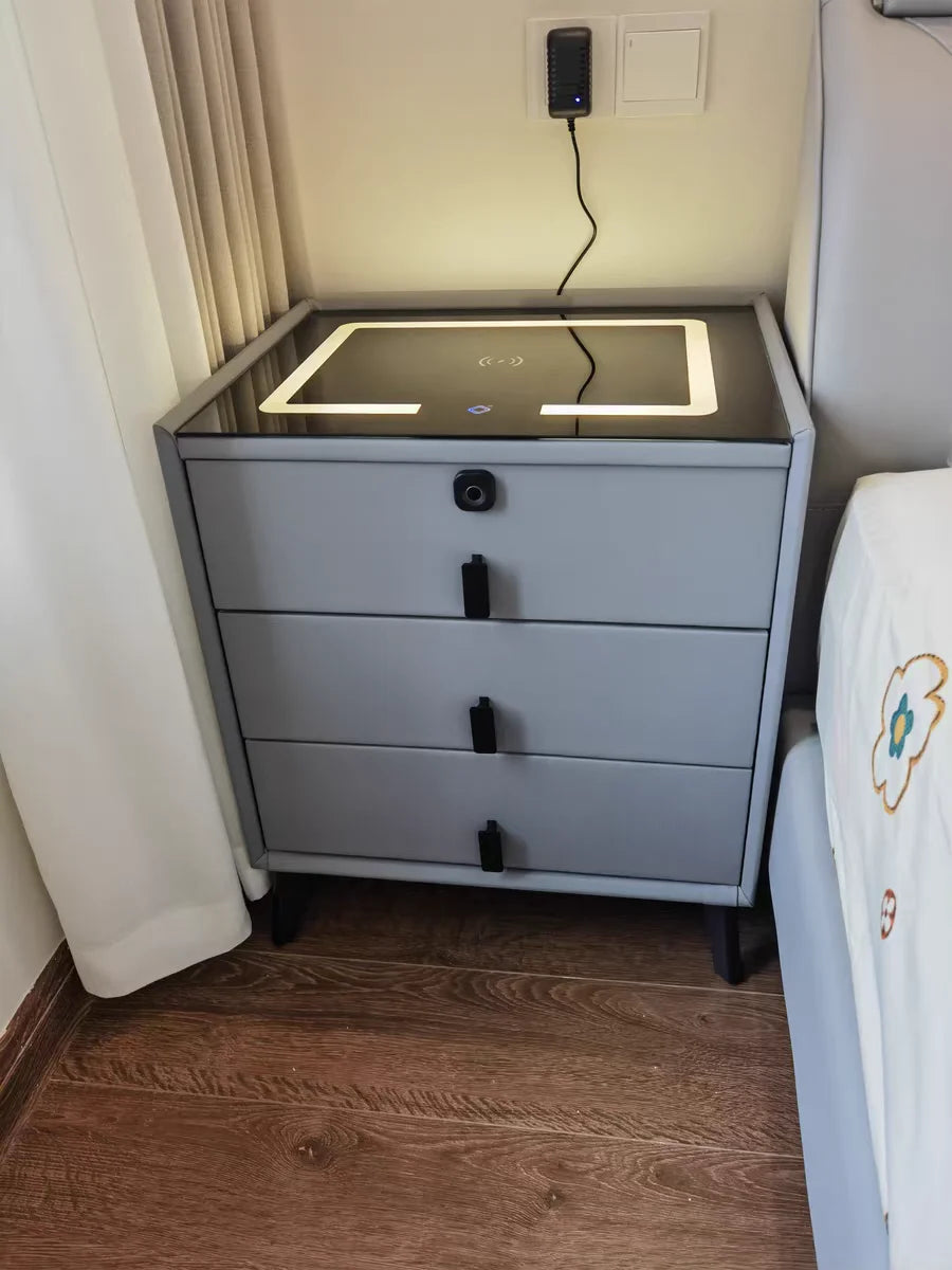Nightstand Smart Bedside Table Modern Multi-function Storage Cabinet with LED Wireless Charging Color Lamp Fingerprint Lock USB