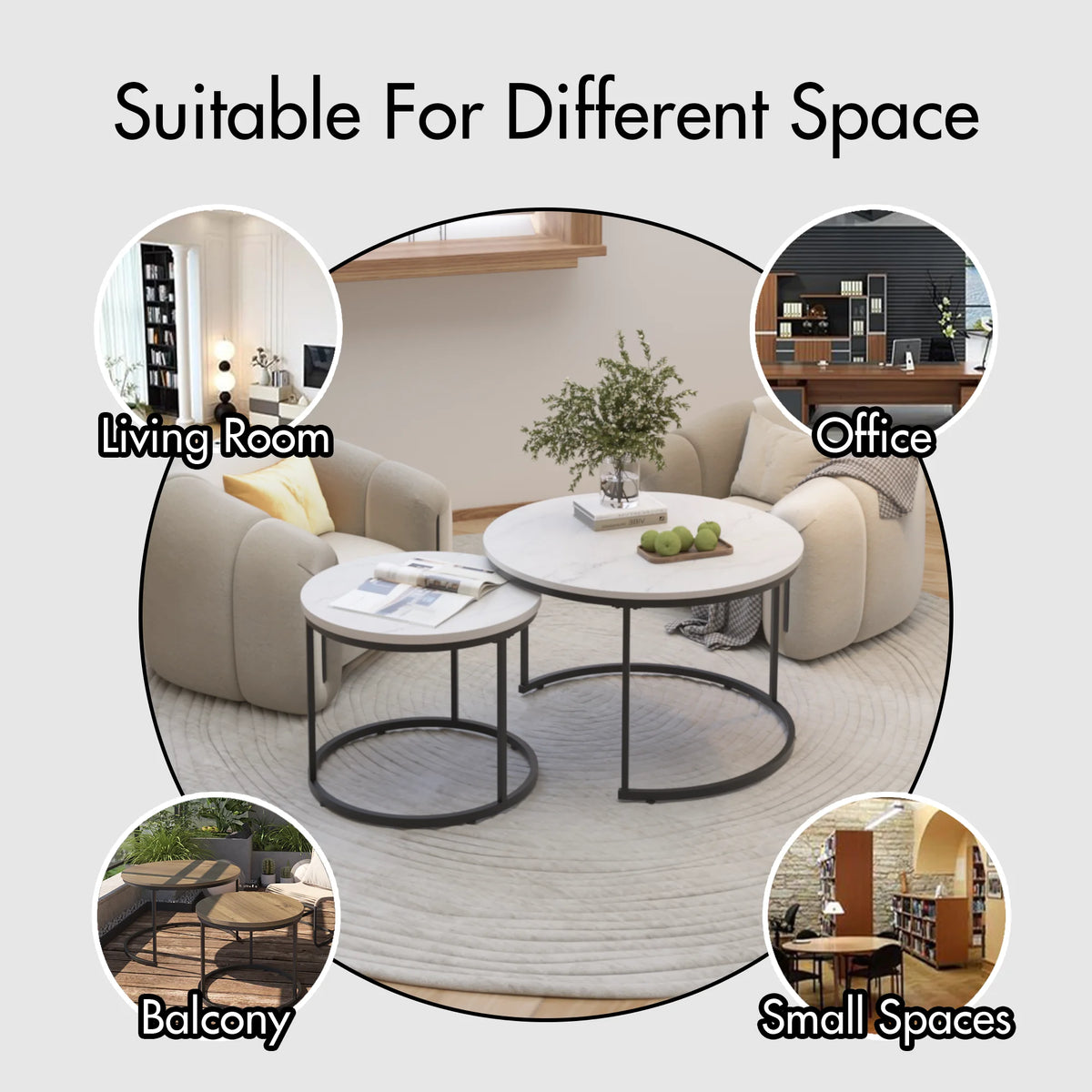 Nesting Coffee Table Set of 2, Round Coffee Table with Sturdy Metal Frame, Coffee Tables for Living Room Bedroom