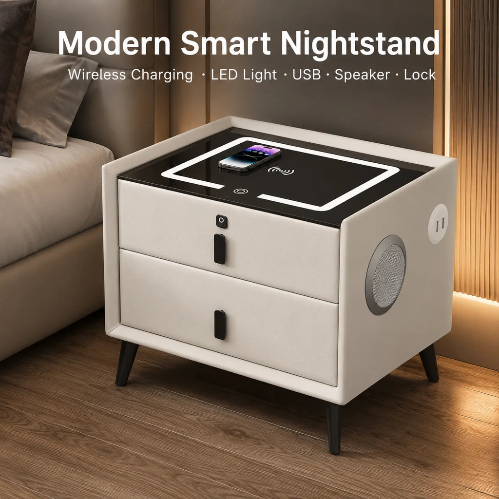Smart Nightstand with Wireless Charging Bluetooth Speaker LED Light USB Modern Bedroom Furniture