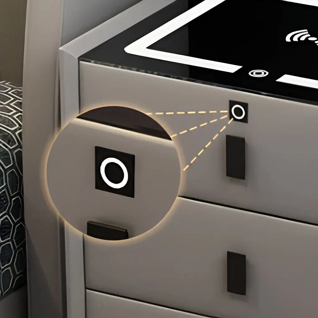 Lumio Luxury Smart Bedside Table Three Drawers Wireless Charging Fingerprint Lock Audio Light Modern Design Wood Metal Bedroom
