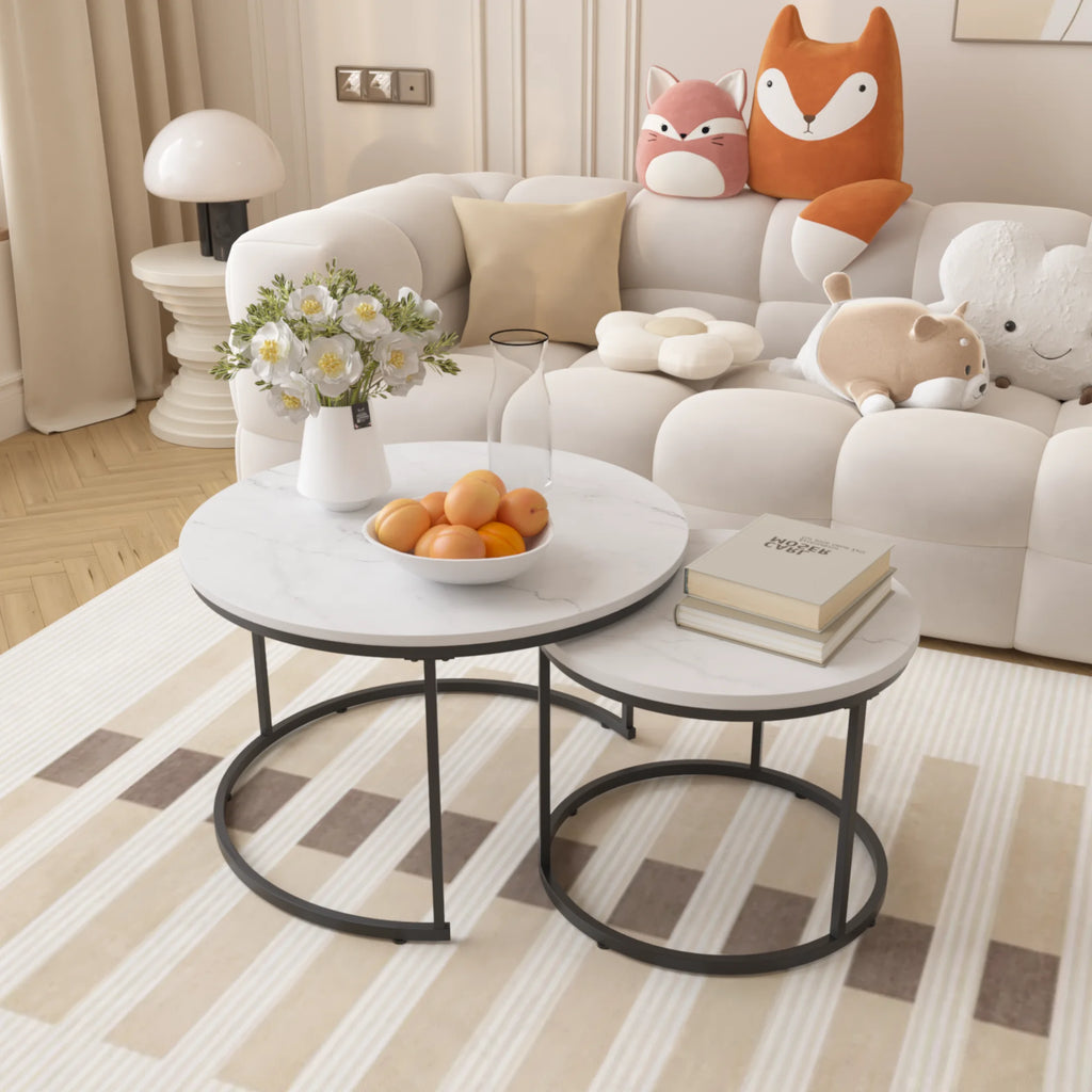 Nesting Coffee Table Set of 2, Round Coffee Table with Sturdy Metal Frame, Coffee Tables for Living Room Bedroom