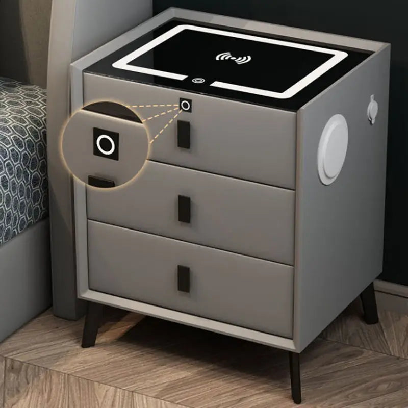 Lumio Luxury Smart Bedside Table Three Drawers Wireless Charging Fingerprint Lock Audio Light Modern Design Wood Metal Bedroom