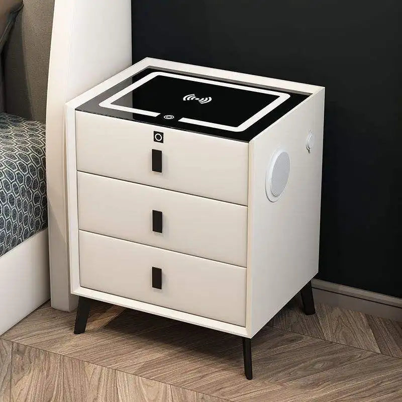 Lumio Luxury Smart Bedside Table Three Drawers Wireless Charging Fingerprint Lock Audio Light Modern Design Wood Metal Bedroom