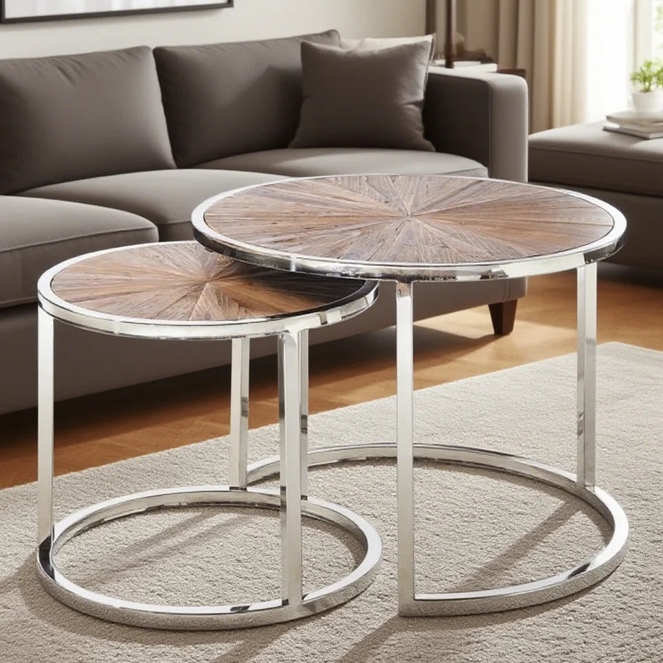 AY-2307R1 Greenwich Solid Wood Top Mental Frame End Coffee Table Set Round Coffee Table for Living Room