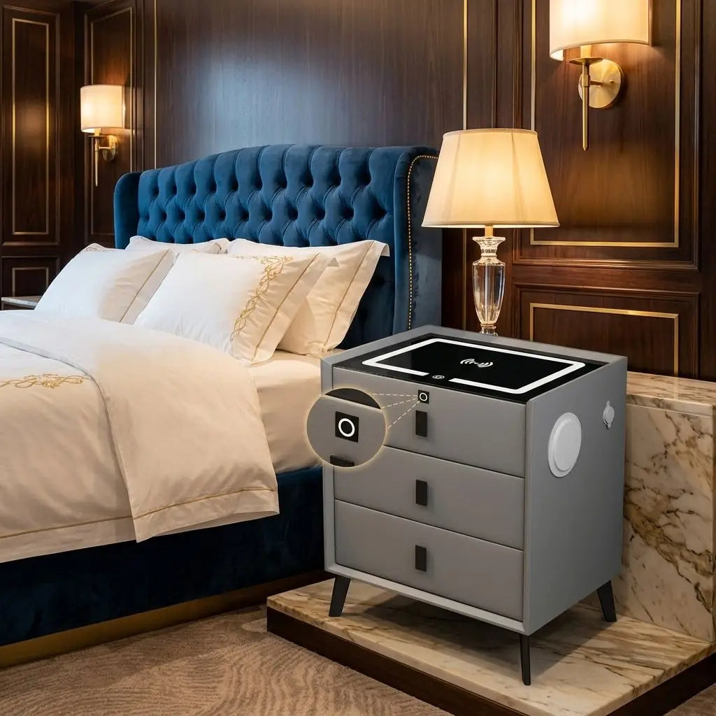 Lumio Luxury Smart Bedside Table Three Drawers Wireless Charging Fingerprint Lock Audio Light Modern Design Wood Metal Bedroom