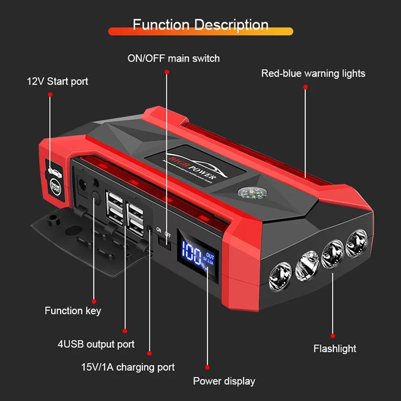 Portable Car Jump Starter 2000A – Power Bank & LED Emergency Booster