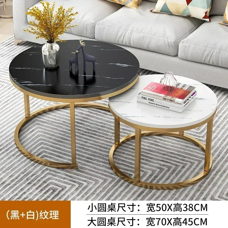 2 In 1 Living Room Coffee Tables Marble Texture Wooden Combination Furniture Round Durable Light Luxury Iron Art Tea Tables