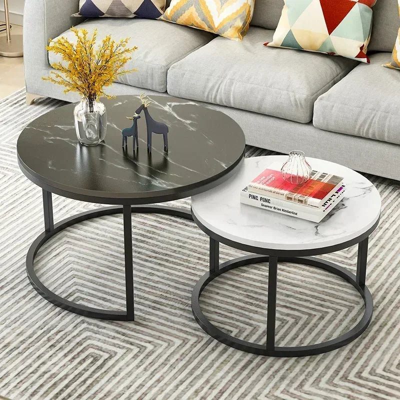2 In 1 Living Room Coffee Tables Marble Texture Wooden Combination Furniture Round Durable Light Luxury Iron Art Tea Tables