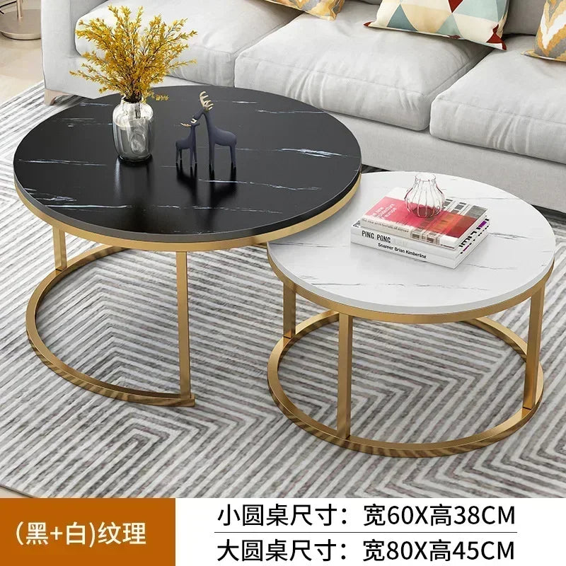 2 In 1 Living Room Coffee Tables Marble Texture Wooden Combination Furniture Round Durable Light Luxury Iron Art Tea Tables