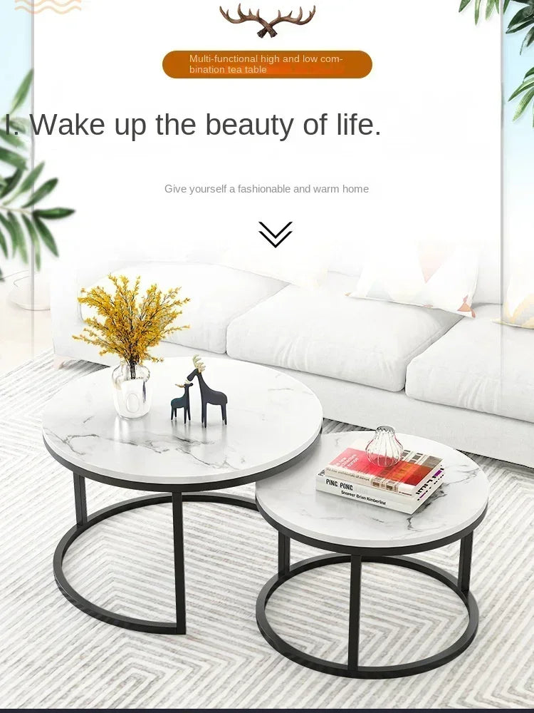 2 In 1 Living Room Coffee Tables Marble Texture Wooden Combination Furniture Round Durable Light Luxury Iron Art Tea Tables