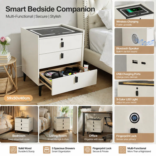 59x50x40cm Solid Wood Smart Nightstand 3-Drawer USB&Wireless Charging BT Speaker Fingerprint Lock 3-Color Light Beige White