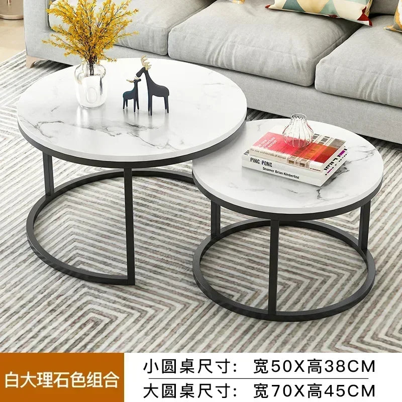 2 In 1 Living Room Coffee Tables Marble Texture Wooden Combination Furniture Round Durable Light Luxury Iron Art Tea Tables