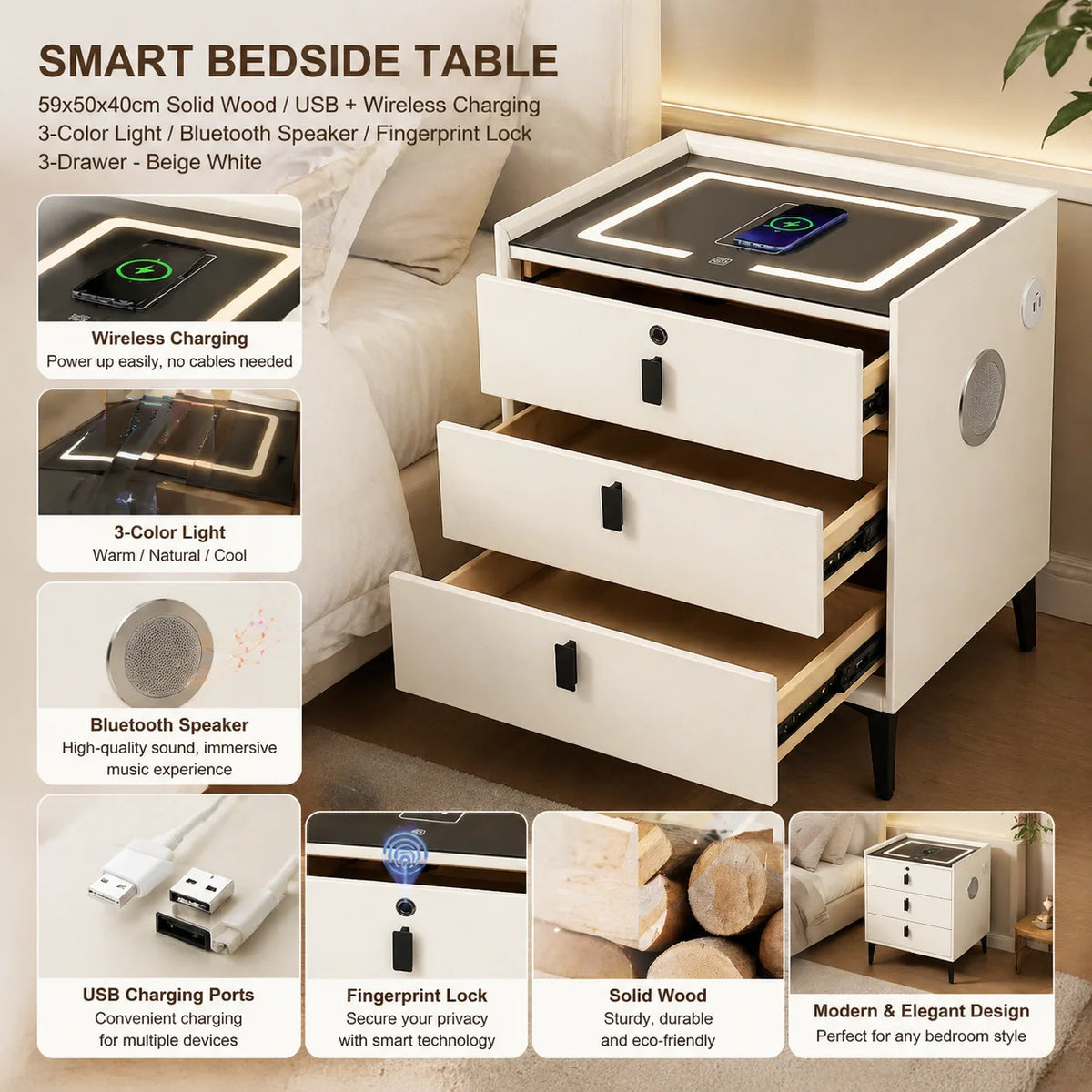 59x50x40cm Solid Wood Smart Nightstand 3-Drawer USB&Wireless Charging BT Speaker Fingerprint Lock 3-Color Light Beige White