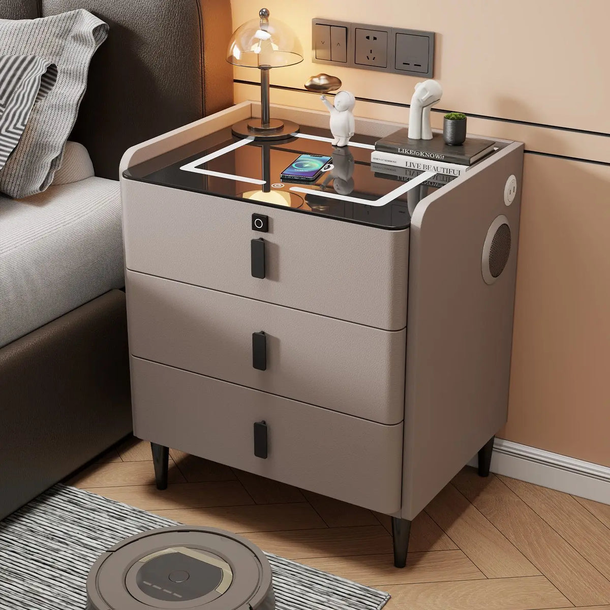 Smart Bedside Table Nightstand with WirelessCharging and Bluetooth Speaker Modern Bedroom Furniture Solid Wood Night Stand with