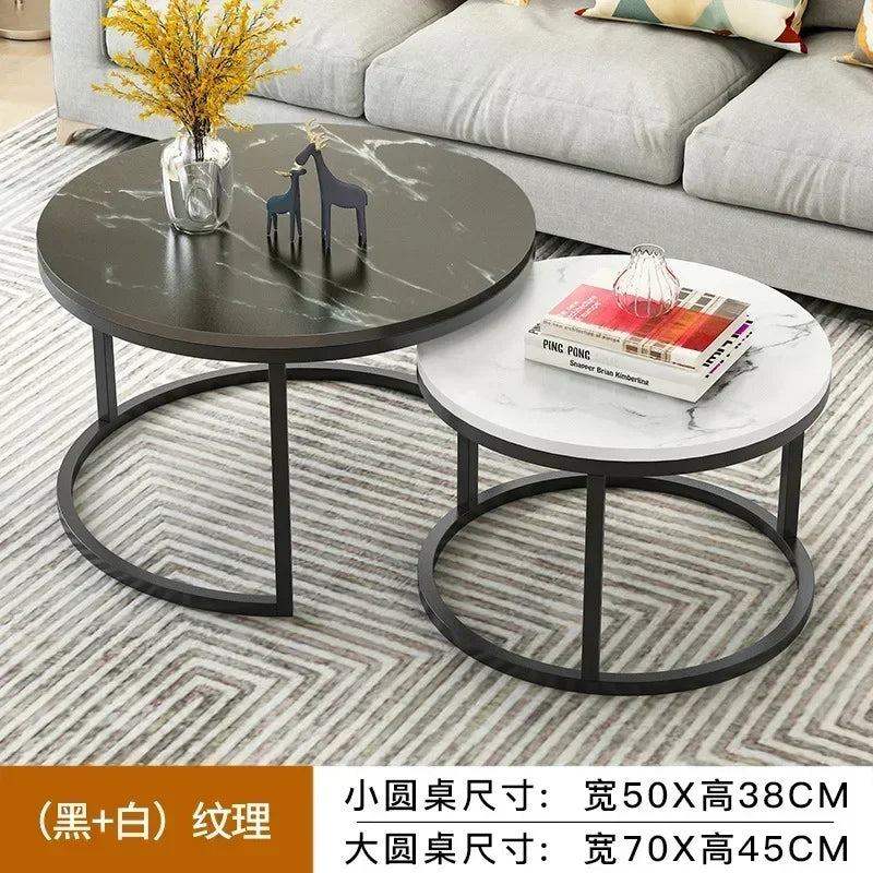 2 In 1 Living Room Coffee Tables Marble Texture Wooden Combination Furniture Round Durable Light Luxury Iron Art Tea Tables