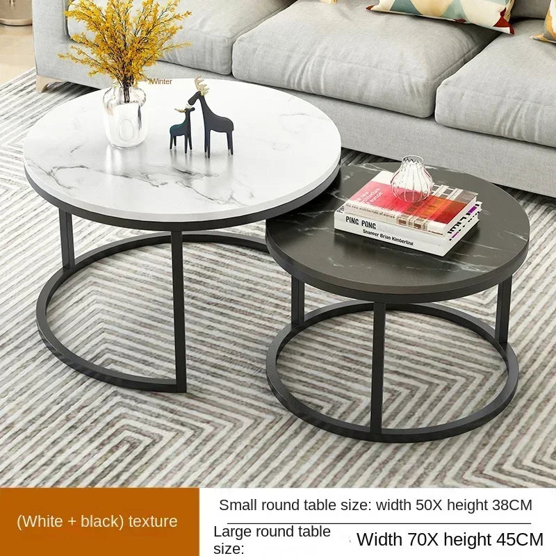 2 In 1 Living Room Coffee Tables Marble Texture Wooden Combination Furniture Round Durable Light Luxury Iron Art Tea Tables