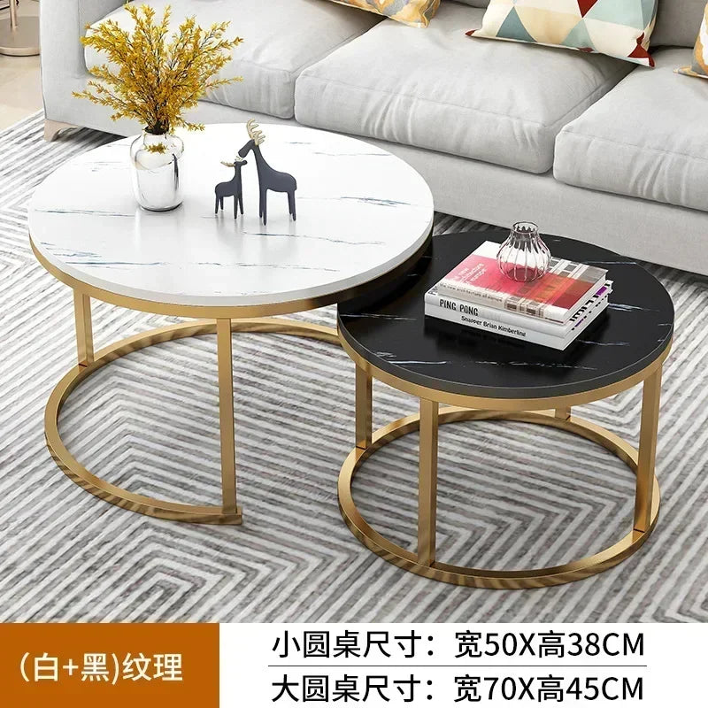 2 In 1 Living Room Coffee Tables Marble Texture Wooden Combination Furniture Round Durable Light Luxury Iron Art Tea Tables