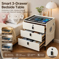 59x50x40cm Solid Wood Smart Nightstand 3-Drawer USB&Wireless Charging BT Speaker Fingerprint Lock 3-Color Light Beige White