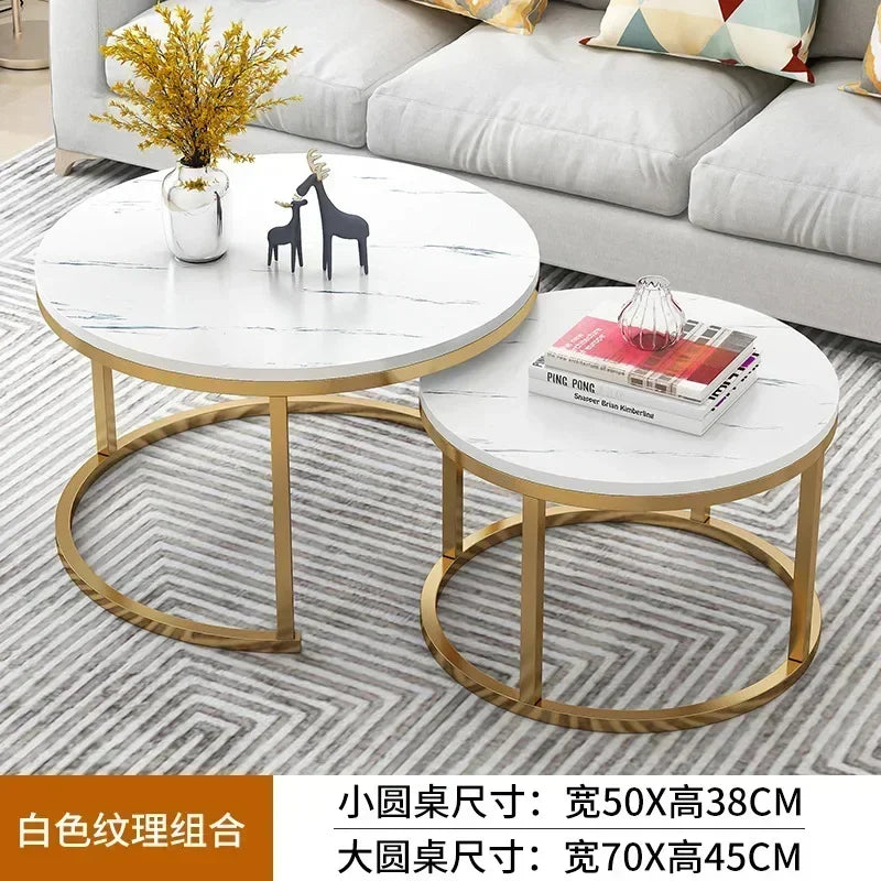 2 In 1 Living Room Coffee Tables Marble Texture Wooden Combination Furniture Round Durable Light Luxury Iron Art Tea Tables