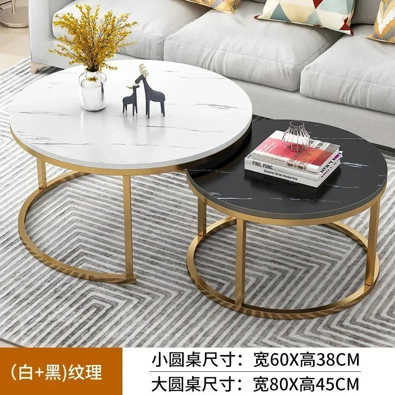 2 In 1 Living Room Coffee Tables Marble Texture Wooden Combination Furniture Round Durable Light Luxury Iron Art Tea Tables