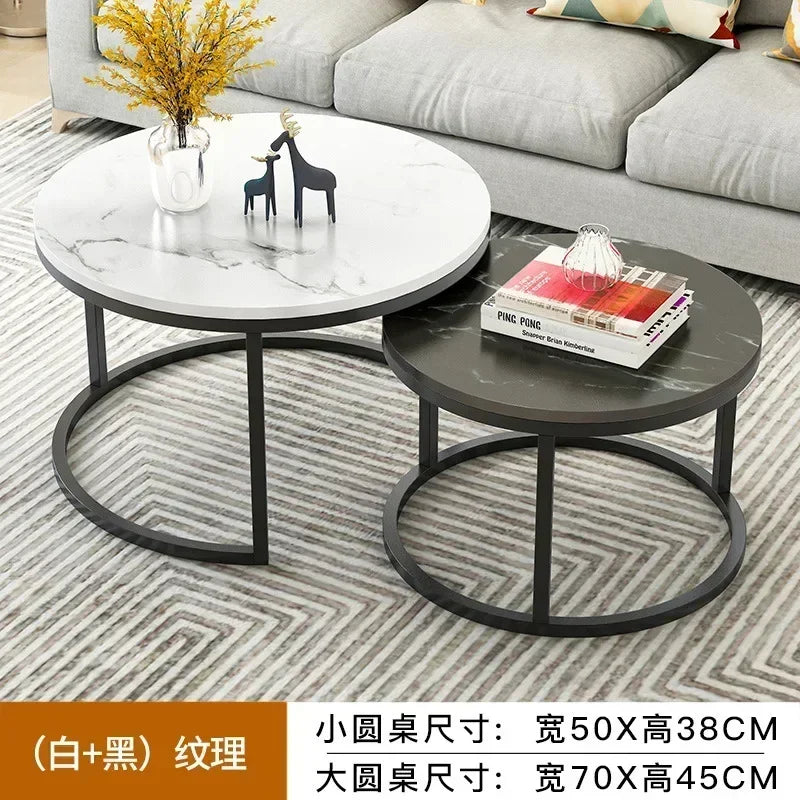 2 In 1 Living Room Coffee Tables Marble Texture Wooden Combination Furniture Round Durable Light Luxury Iron Art Tea Tables